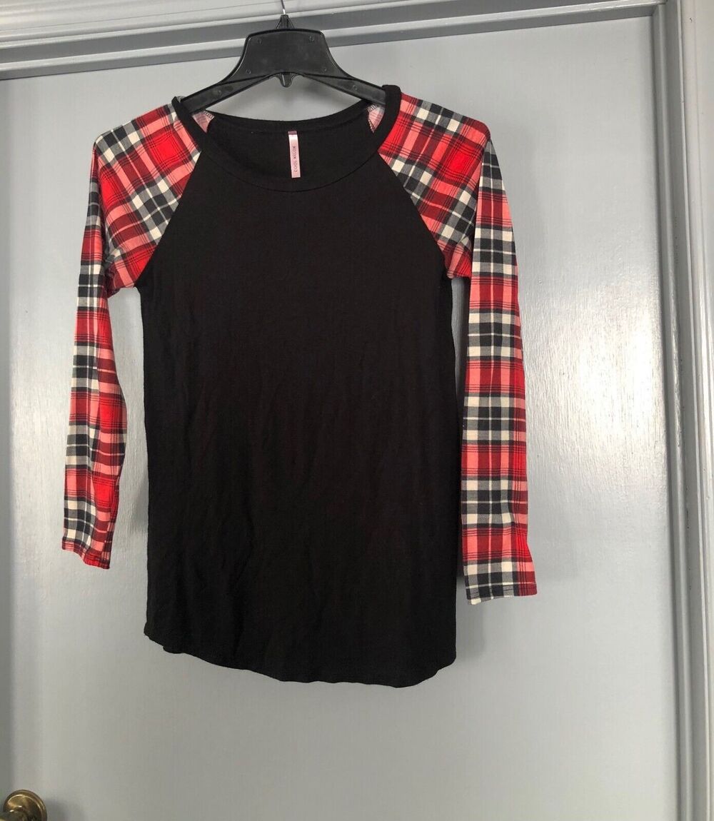 Cool Melon red black plaid Tunic Shirt Women Size Small long sleeves